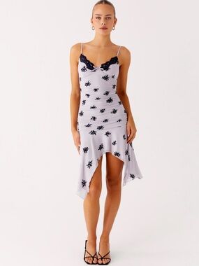 Peppermayo Asymmetrical Slip Dress with Black Floral Lace Trim